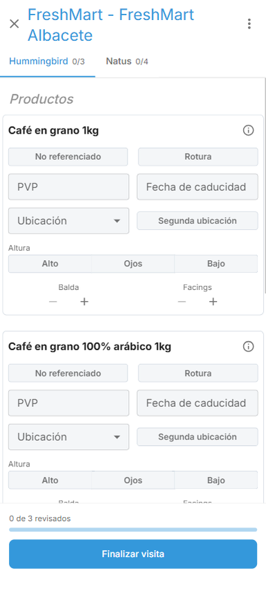 Formulario de visita de GPVManager en el móvil, con los campos de cada referencia.
